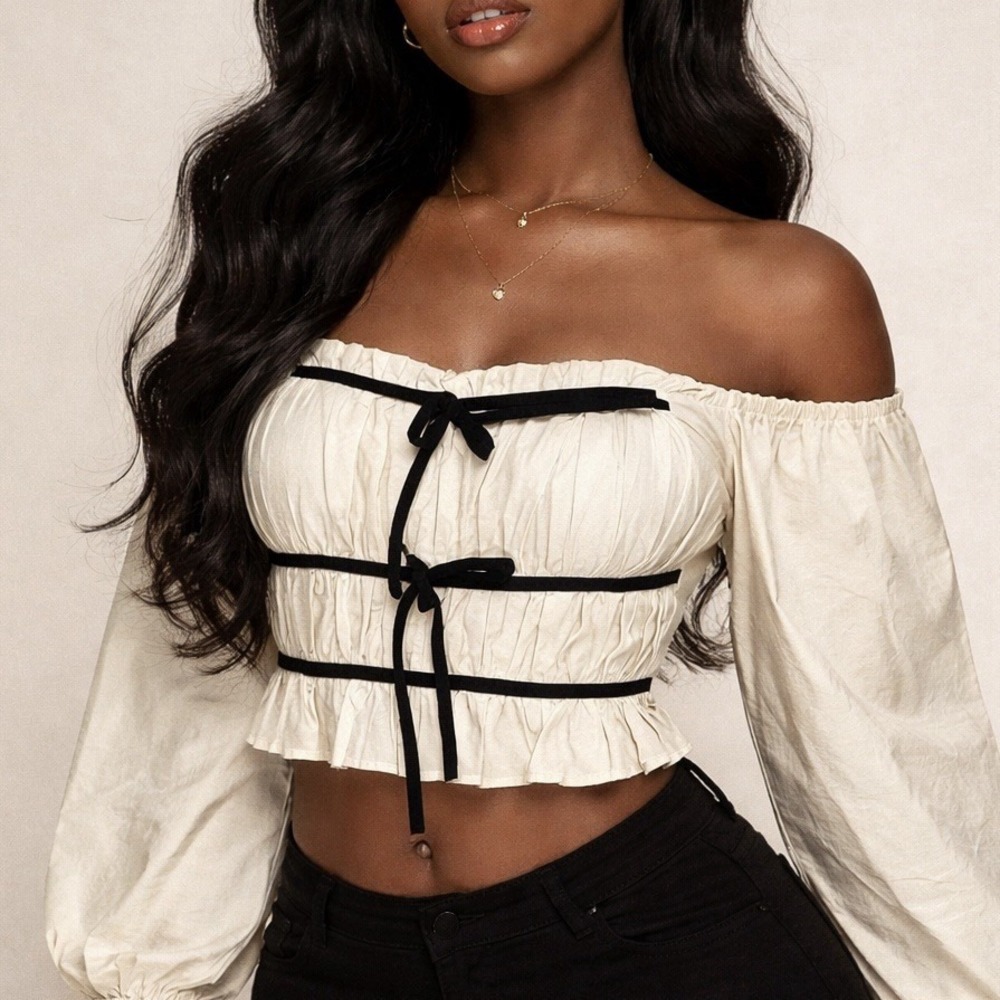 Thirty Thirty Long Sleeve Crop Milkmaid Top Women's Cream Black L Velvet Bows
